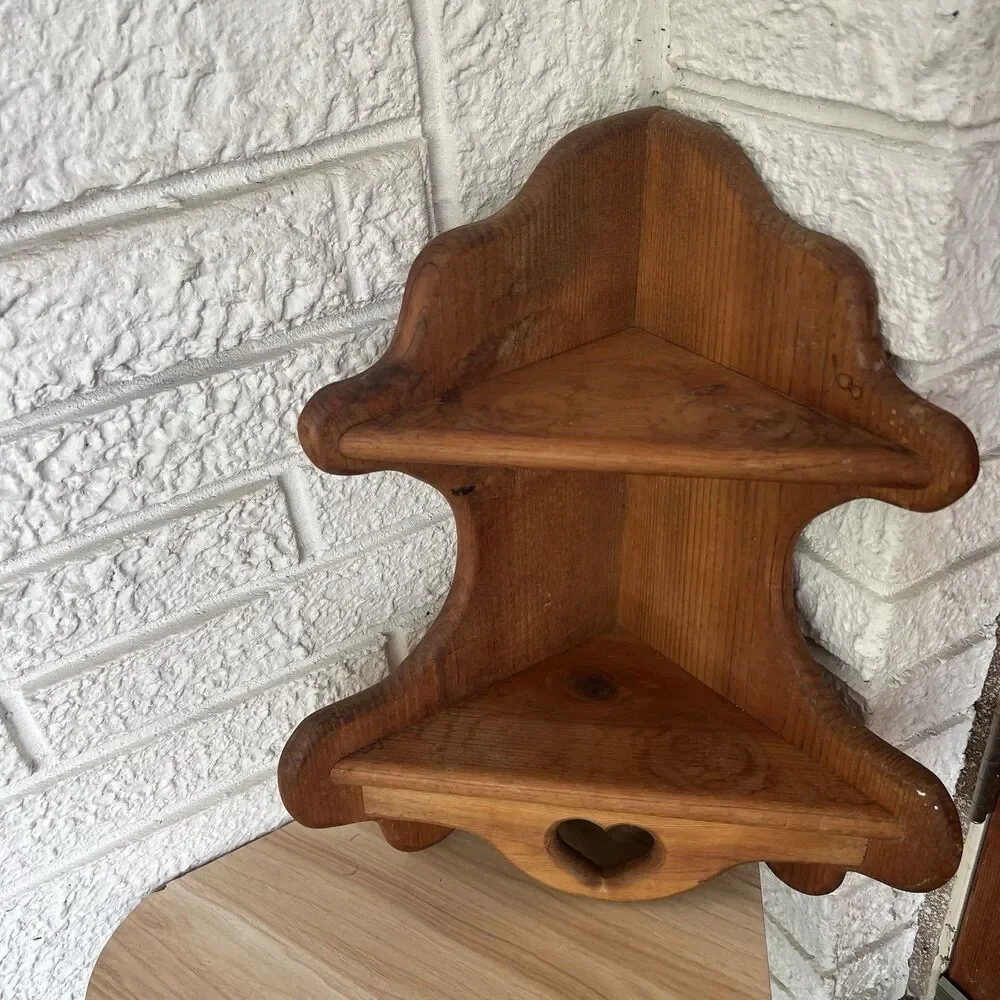 Vintage Wood Heart Cutout 2 Tier Corner Shelf Farmhouse Cottagecore Cabincore